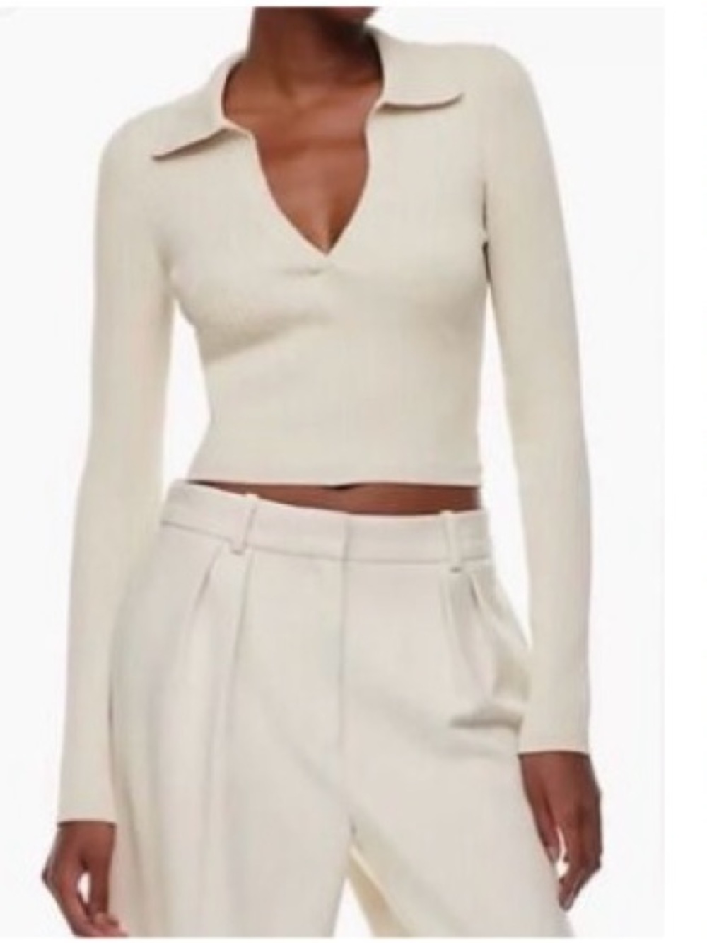 Babaton Pale Gray Long-Sleeve Cropped Polo Top. Size S